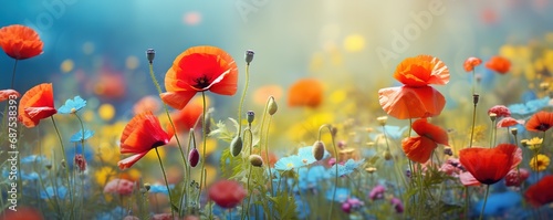 Wildflowers in meadow with poppies, forget me nots on blue yellow blurred background colorful nature picture floral springtime Generative AI