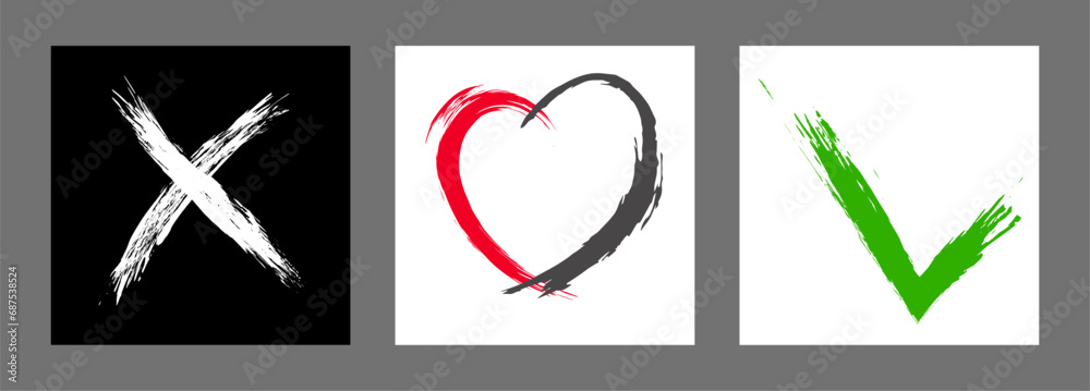 The cross, heart and OK symbol are hand-drawn with a brush. Prohibition, denial, error. Love. Approval, consent. Vector, set of 3 characters The cross, heart and OK symbol are hand-drawn with a brush. Prohibition, denial, error. Love. Approval, consent. Vector, set of 3 characters