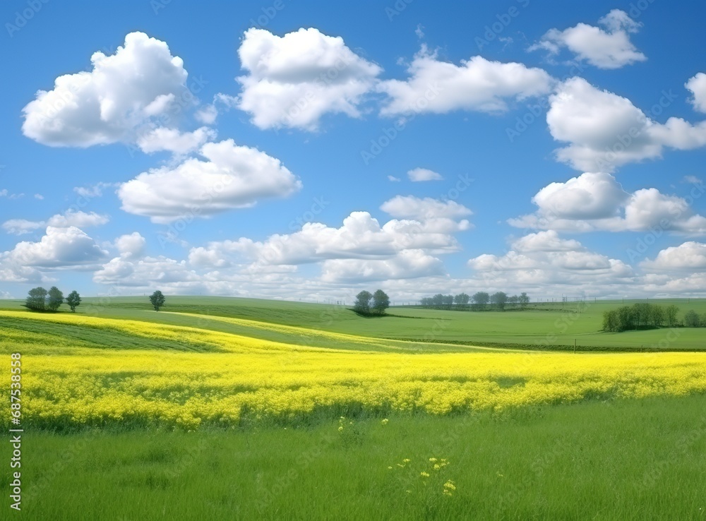Green meadow with yellow flowers and trees against a blue sky with clouds, blooming rapeseed field panoramic landscape illustration Generative AI