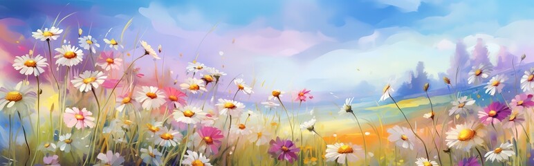 Papier peint photo Pourpre Drawn cosmos flowers pink, lilac and white on meadow against blurred blue sky with clouds, spring summer landscape of flower field pastoral airy artistic image nature illustration Generative AI  © Iaroslav Lazunov