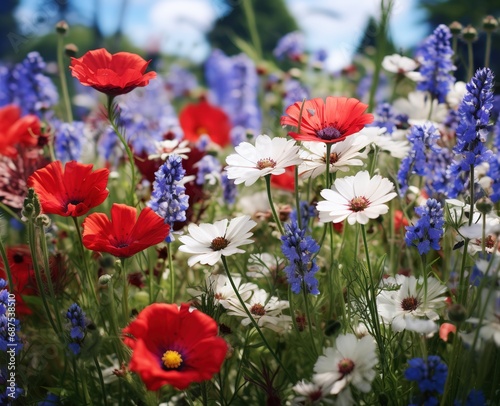 Variety of colorful wild flowers red, white, blue close up on meadow with blurred background bright illustration artistic image Generative AI