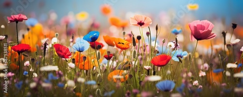 Poppies in red, blue, pink and orange on blurred background colorful wild flowers nature picture floral springtime Generative AI