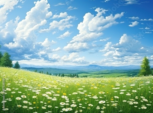 Landscape of countryside with wildflowers chamomile flowers on meadow green hills with trees against blue sky and clouds, panoramic banner illustration Generative AI