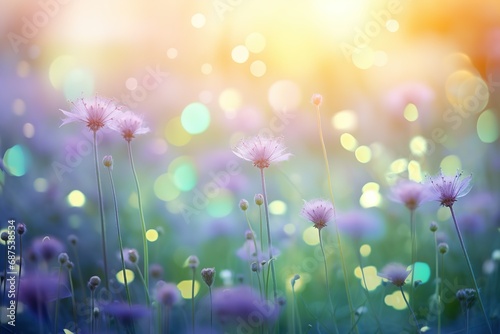 Airy lilac puff flowers on blurred background of bokeh lights, delightful pastoral airy artistic image wildflowers in meadow illustration Generative AI © Iaroslav Lazunov