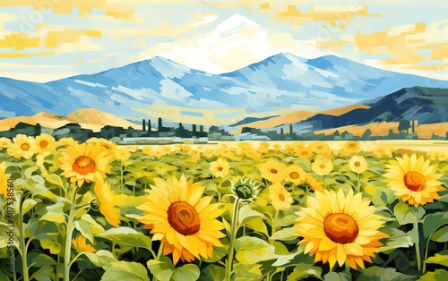 Field of blooming sunflowers against blurred hills mountains, hand drawn landscape banner, illustration of agriculture scene Generative AI