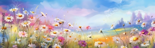 Drawn cosmos flowers pink, lilac and white on meadow against blurred blue sky with clouds, spring summer landscape of flower field pastoral airy artistic image nature illustration Generative AI