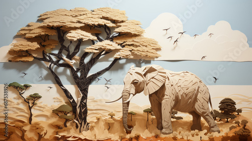 an elephant and landscape scene made from papercut art. scherenschnitte style art. Detailed and intricate artwork.  photo