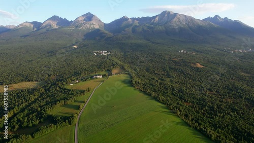 Aerial fly over above the mountains and hiking trails of the Tatra National Park on the boarder of Slovakia and Poland