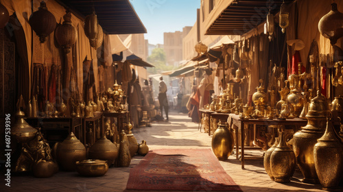 a dusty street market with many brass trinkets, vases and fabrics. Middle eastern influence. Bazaar. photo