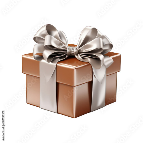 Brown Gift Box with Silver Bow Isolated on Transparent or White Background, PNG