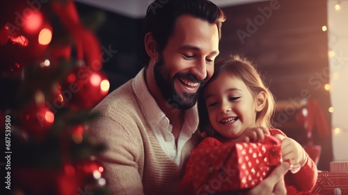 Loving dad and daughter hug at home, sitting on couch against background Christmas tree. child are laughing happily, holding gift box in their hands, parent gives little girl gift, generative ai