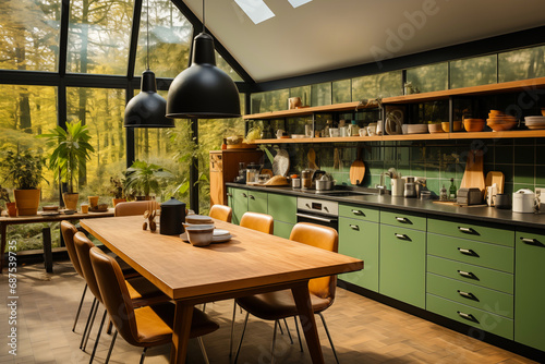 Kitchen interior design in the mid-century style that is both intelligent and elegant