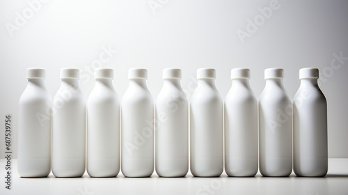 White bottles with white caps isolated on white background, shopping sale advertising concept, production milk kefir bottles concept, copy space