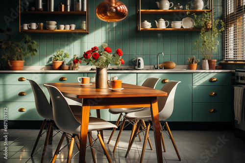 Kitchen interior design in the mid-century style that is both clever and elegant.