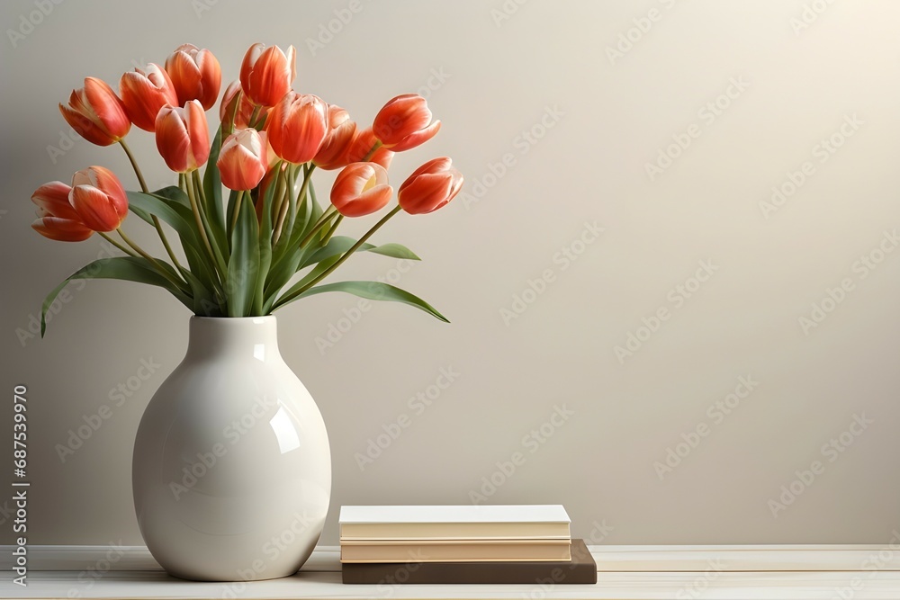Orange color tulips in white vase and books on a wooden table in copy space. Minimalist. AI generated image. 