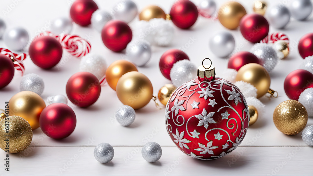 Christmas Ornaments in Red and Gold, Surrounded by Silver and Gold Ornaments Christmas Ornaments in Red and Gold, Surrounded by Silver and Gold Ornaments