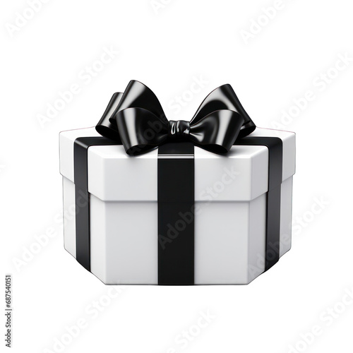 White Gift Box with Black Bow Isolated on Transparent or White Background, PNG