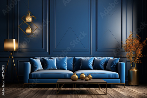 Blue room with sofa and tables with blue wall on blue background, Bistro Green, strong blue, marlin color, Fashion color trend photo