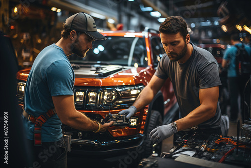 Two men working on a car in repair shop. photo