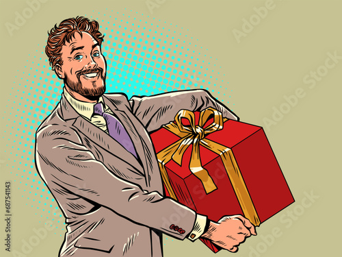 Delivery of gifts all over the world from a trusted company. A man in a suit holds a big red gift. Christmas holidays and preparation for them. Pop Art Retro