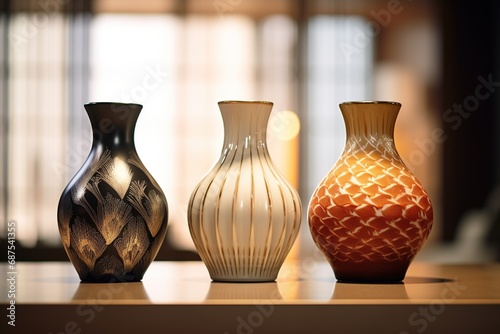 Luxury decorative ceramic vases on the table in the room,close up.