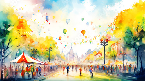 Traveling in Paris, France. Colorful watercolor painting.