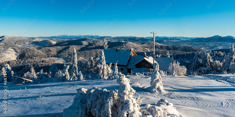 View from Velka Raca hill in Kysucke Beskydy mountains during winter