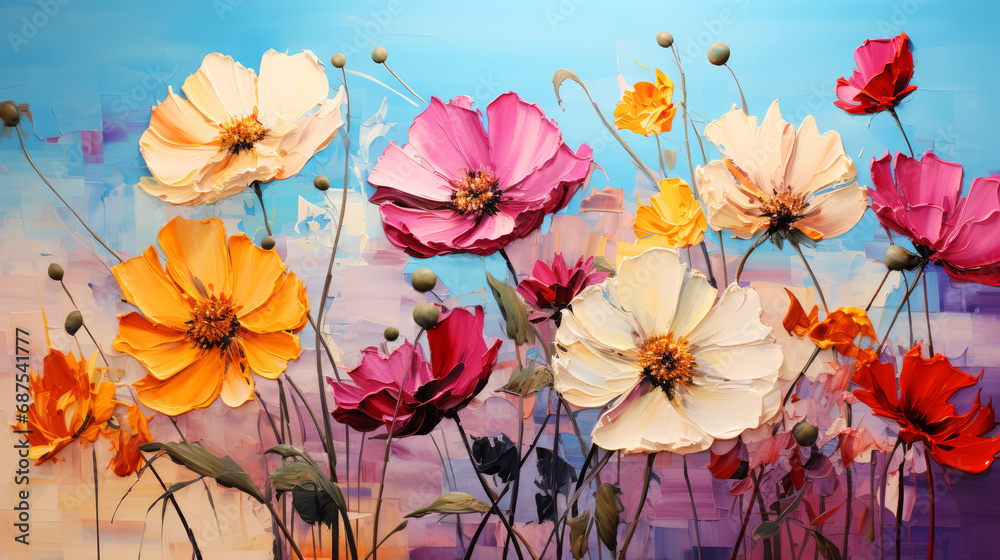 Oil painting of colorful cosmos flowers on canvas. Colorful floral background