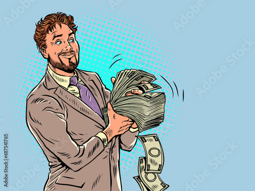 The richest people in the whole world. A man in a suit is counting a lot of money. Investments in business later pay off with interest. Pop Art Retro