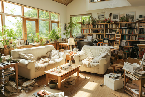 A messy and tidy living room with all kinds of things scattered on the floor. Ð’ots of clutter. photo