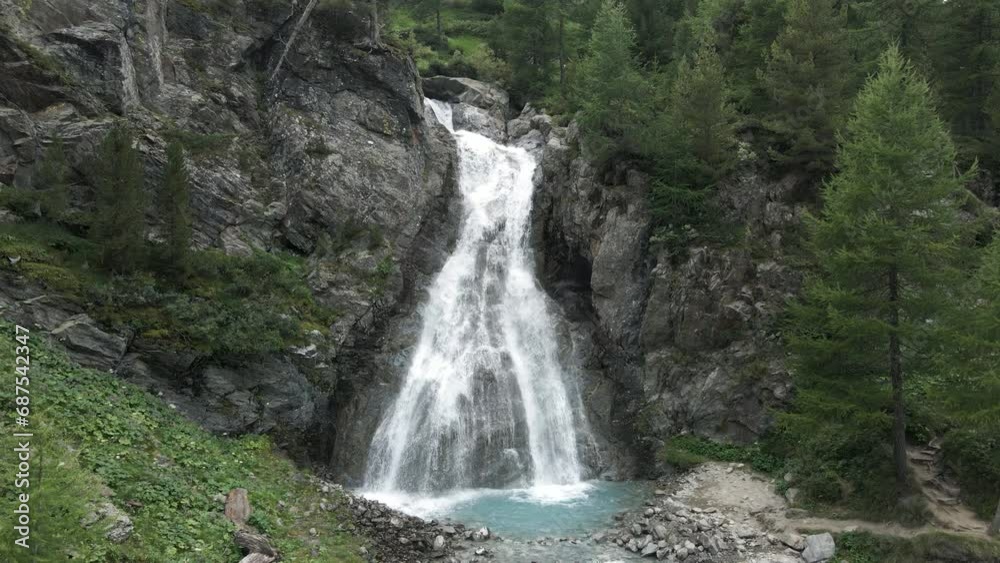 Aerial view of Val Nera Waterfall in Livigno Italian Alps Aerial view of Val Nera Waterfall in Livigno Italian Alps