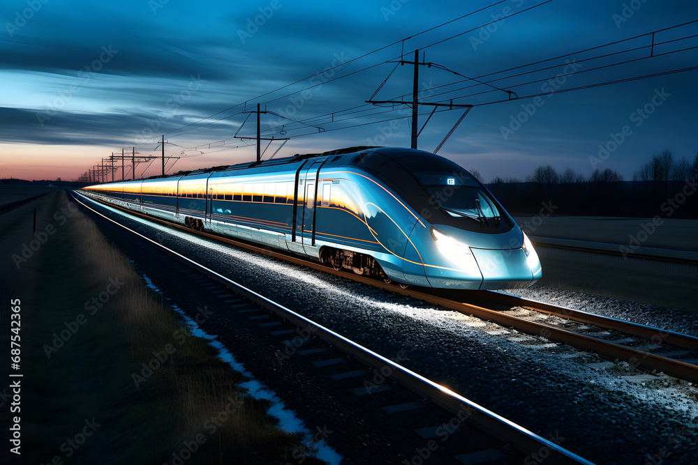 Naklejka premium A high speed modern train illuminated with neon lights moving in the countryside at night
