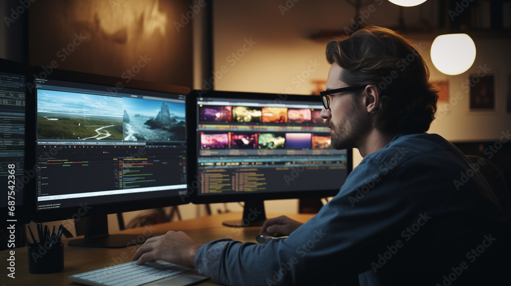 a man working on the screen video edit timeline generate ai a man working on the screen video edit timeline generate ai
