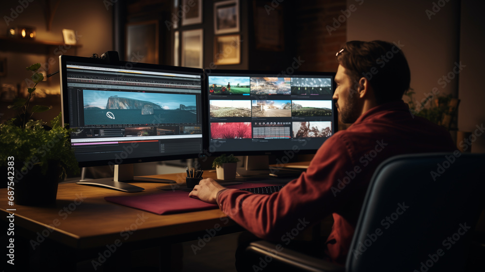 a man working on the screen video edit timeline generate ai a man working on the screen video edit timeline generate ai