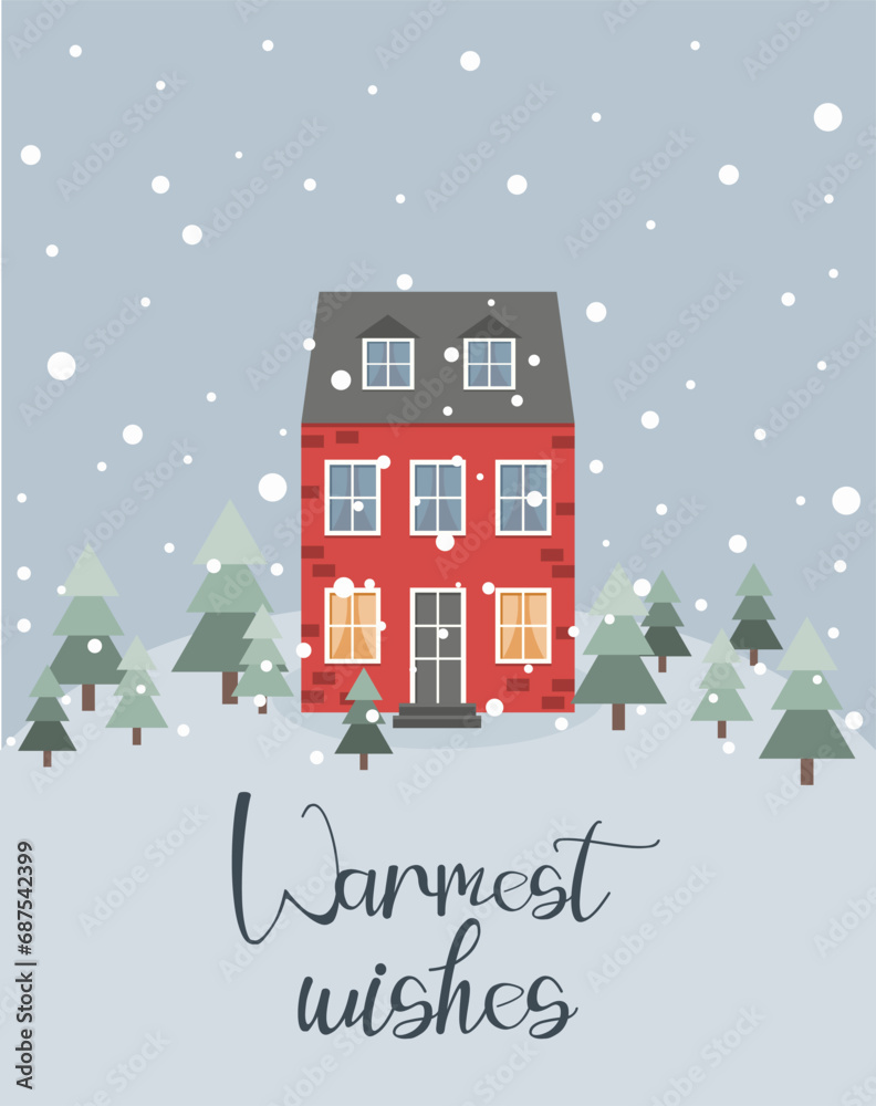 Warmest wishes greeting card. Red house on blue background. Flat vector illustration.