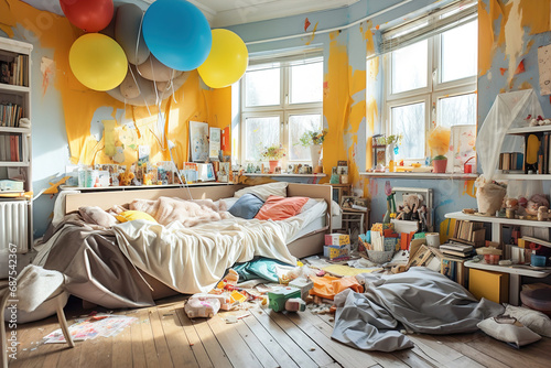 A messy and tidy child's bedroom with all kinds of things scattered on the floor. photo