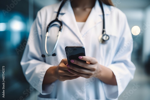 A doctor holds a smartphone in his hand and talks to his patient via video communication, the concept of telemedicine and online medicine photo