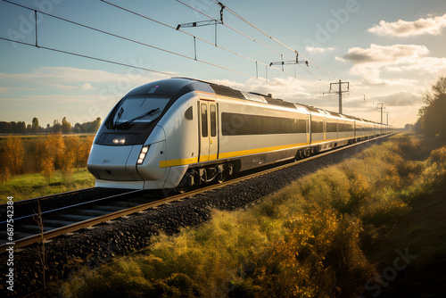 A high speed modern train moving in the countryside in summer morning