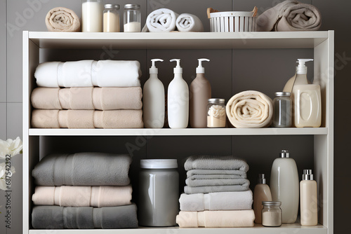 Neatly arranged towels and cosmetics on the shelves of an open cabinet in a modern bathroom, space organization and tidy up concept