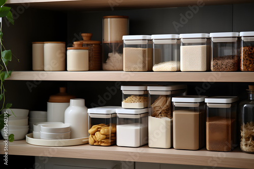 Kitchen cabinet shelves with neatly arranged containers with groceries and dishes, space organization and storage concept photo