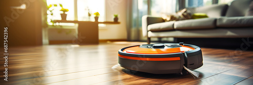 Robot vacuum cleaner on the floor in the modern living room close-up photo