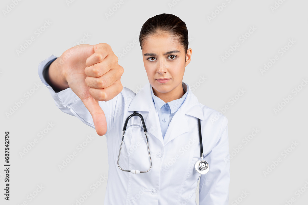Young strict sad confident european woman doctor with stethoscope Young strict sad confident european woman doctor with stethoscope