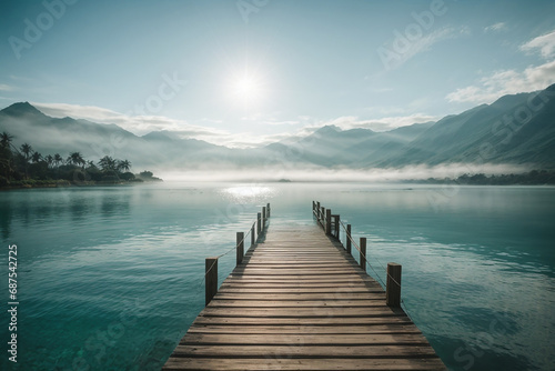 Lakeside Beauty with Misty Mountains and Tranquil Pier