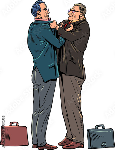 Conflict in society between people. Two firm employees physically restrain each other. Psychological pressure and violence at work among competitors. Pop Art Retro