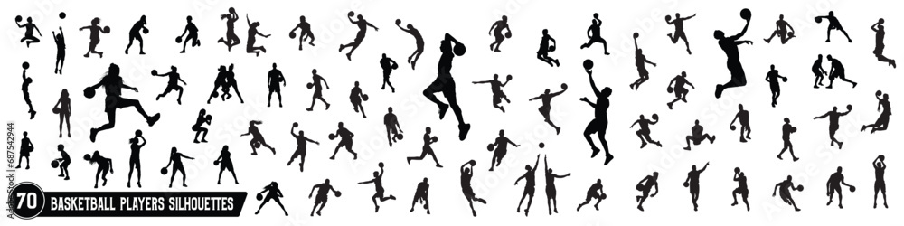 Male, female, and children's basketball players silhouettes - obrazy, fototapety, plakaty 