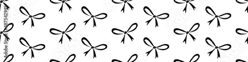 Seamless pattern with small black flat bows, ribbons. Cute fun simple abstract vector background, texture for fabric, wrapping paper, girls design