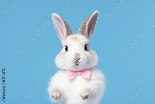 Funny white rabbit in a pink bow tie on a blue color background close-up. Holiday greeting concept