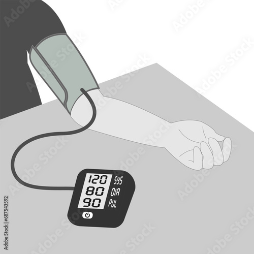 measure blood pressure with a tonometer by himself. Healthy lifestyle. vector illustration isolated on white background