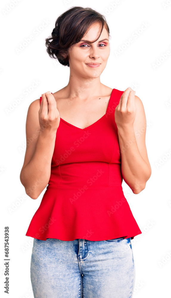Beautiful young woman with short hair wearing casual style with sleeveless shirt doing money gesture with hands, asking for salary payment, millionaire business