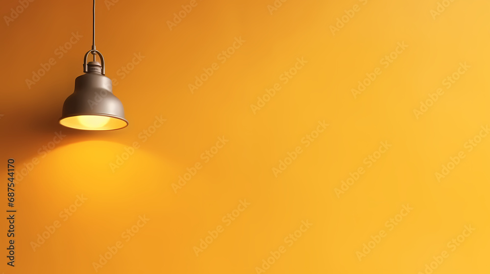 A lamp hangs on a yellow wall and illuminates it, space for text or presentation A lamp hangs on a yellow wall and illuminates it, space for text or presentation